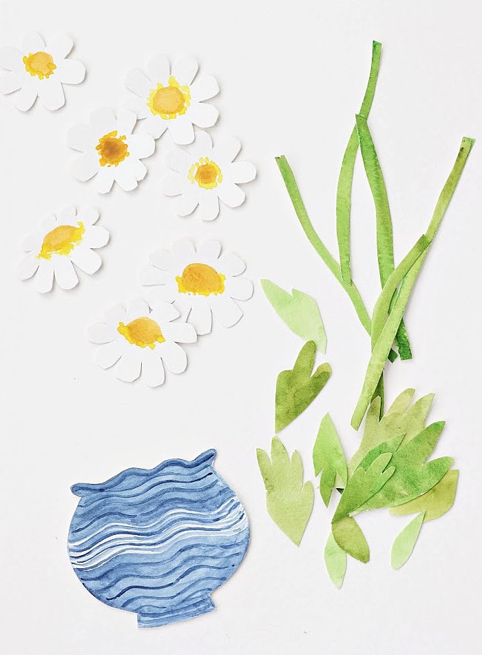 Daisy collage shapes. Handmade Collage Note Cards.