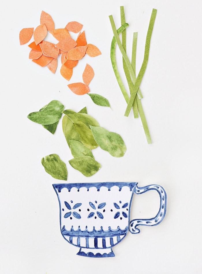 Petals, leaves, stems and vase. Handmade Collage Note Cards.