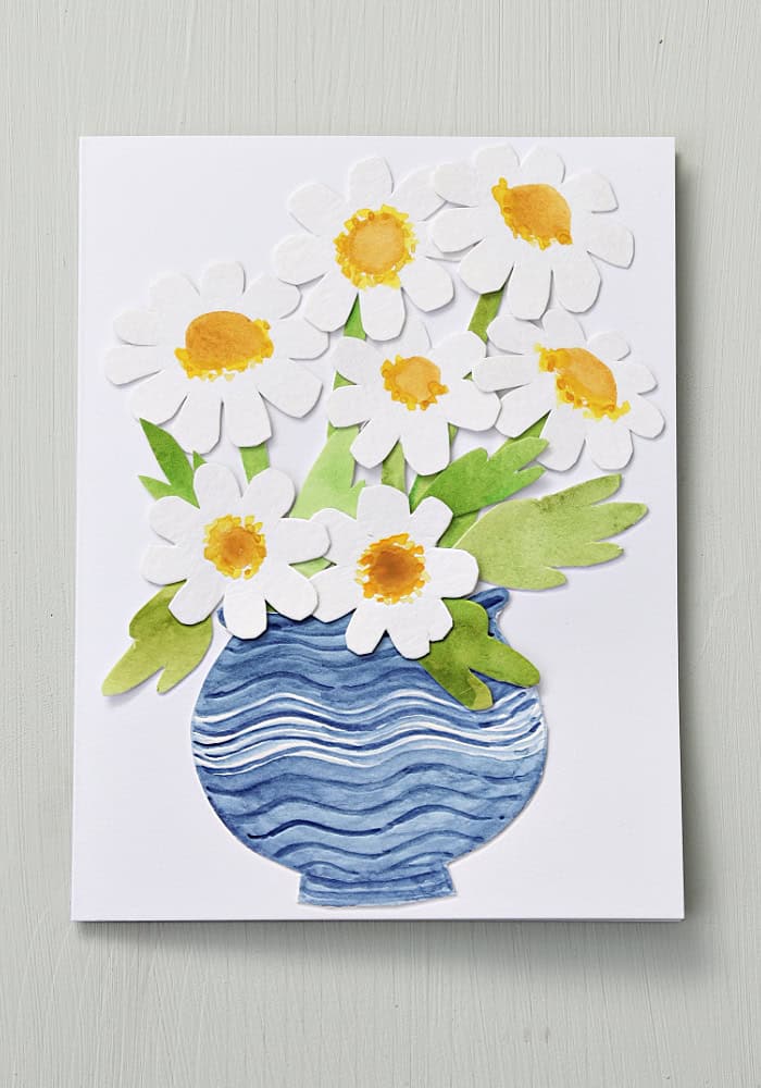 Daisy flower collage finished. Handmade Collage Note Cards.