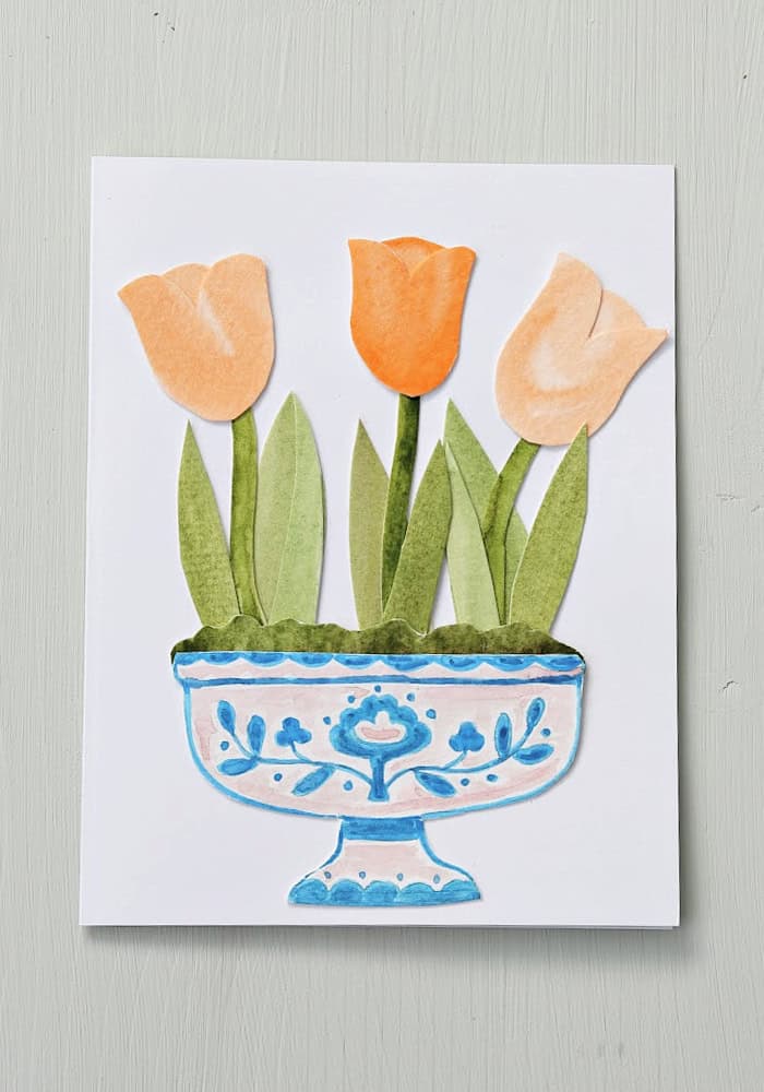 Tulip collage finished. Handmade Collage Note Cards.
