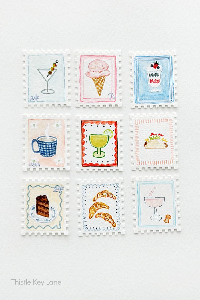 Food and drink mini stamps. Mini Postage Stamp Art DIY.