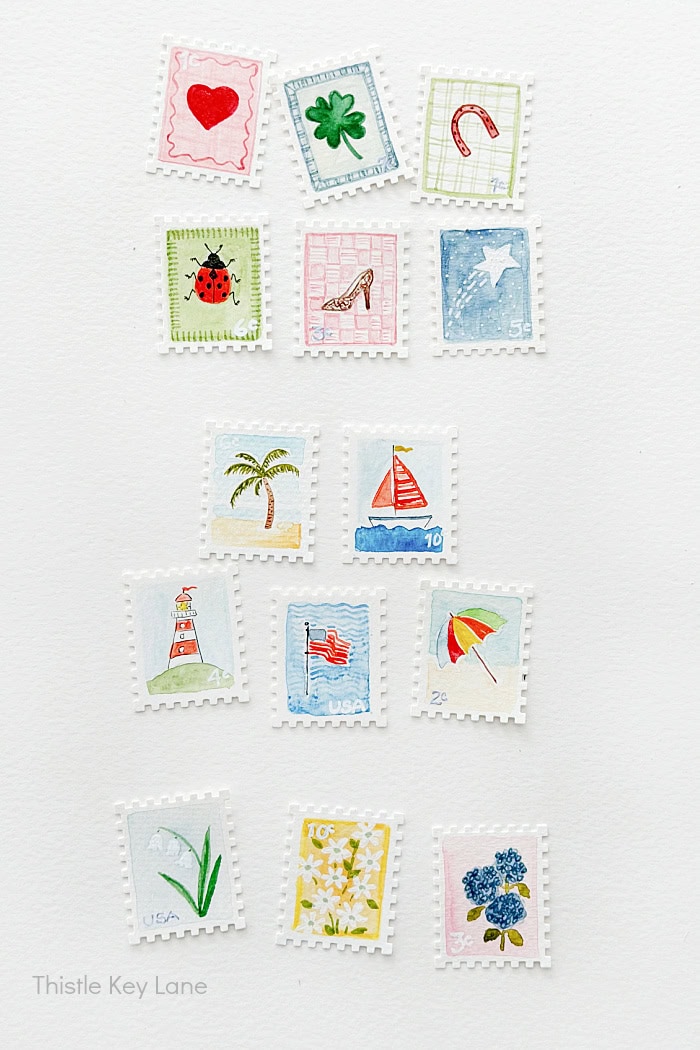 Variety of postage stamp artwork. Mini Postage Stamp Art DIY.