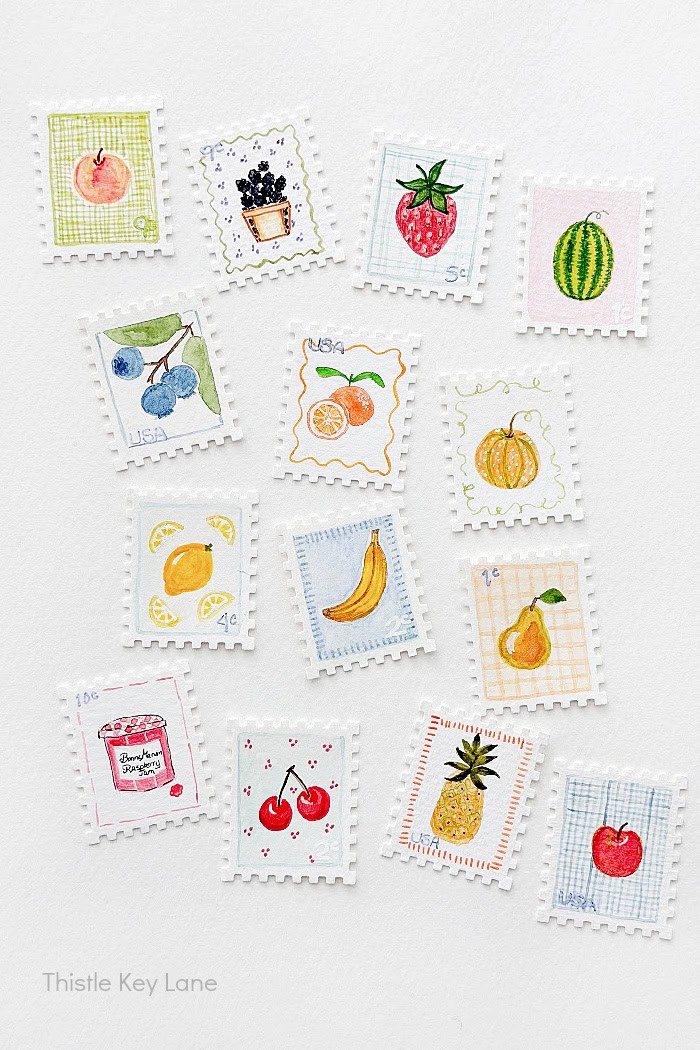 Painted watercolor fruit on stamps. Mini Postage Stamp Art DIY.