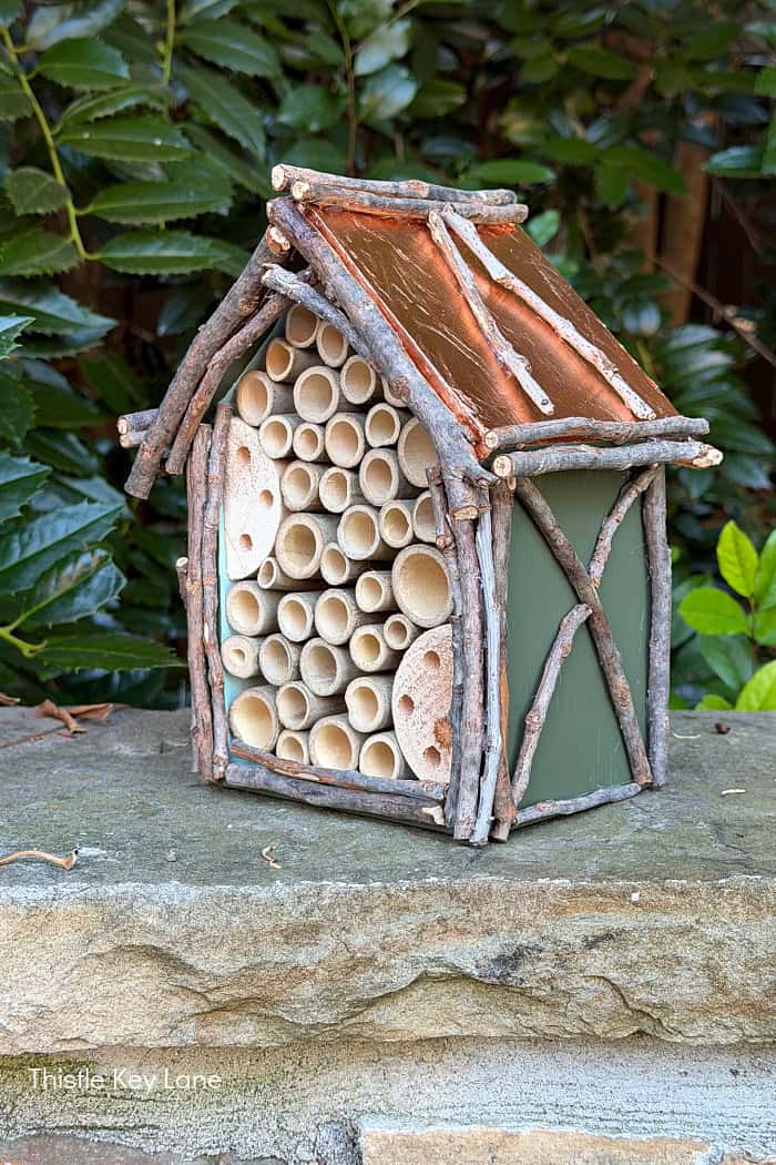 Cute bee hotel with copper leaf roof. Create A Fancy Bee Hotel.