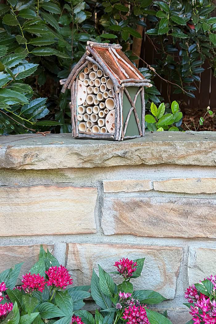 Rock wall with bee house and flowers. Create A Fancy Bee Hotel.
