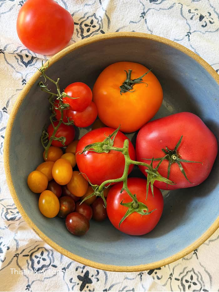 Tomatoes In A Blue Bowl.