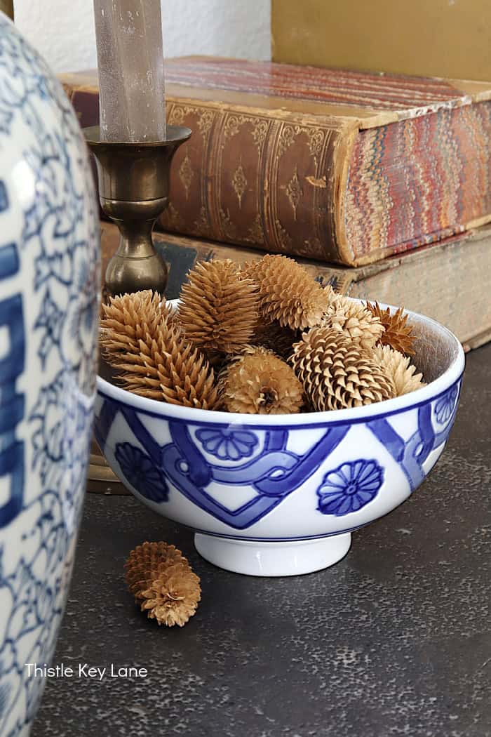 Blue and white bowl holding dried thistle heads