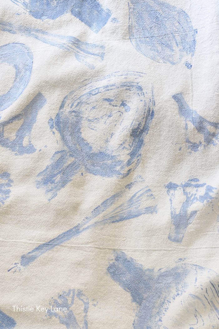 Close up of vegetable impressions. DIY Vegetable Stamped Apron.