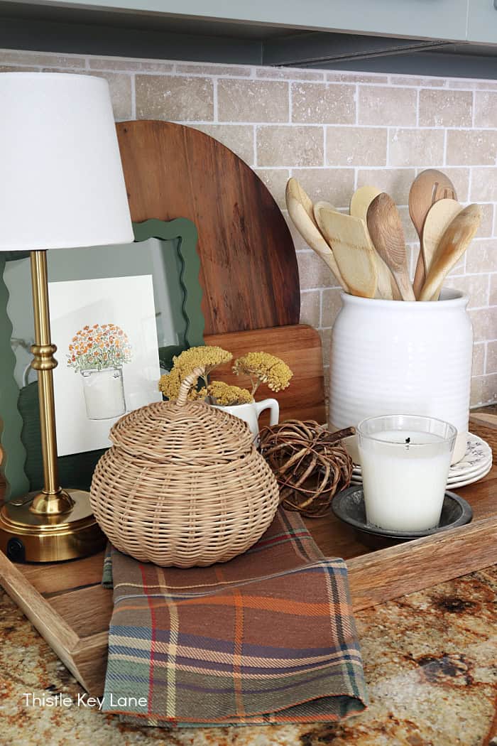 Fall decorations pumpkins, candle, crock. Create A Fall Tray Vignette For The Kitchen.