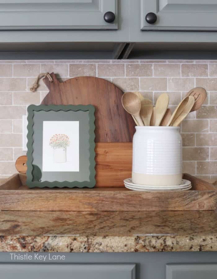 Adding utensil holder and artwork to fall tray. Create A Fall Tray Vignette For The Kitchen.