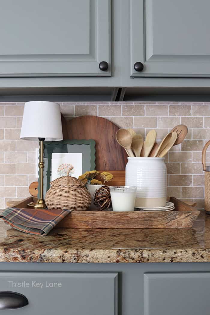 Pumpkin, lamp, crock and candle. Create A Fall Tray Vignette For The Kitchen.