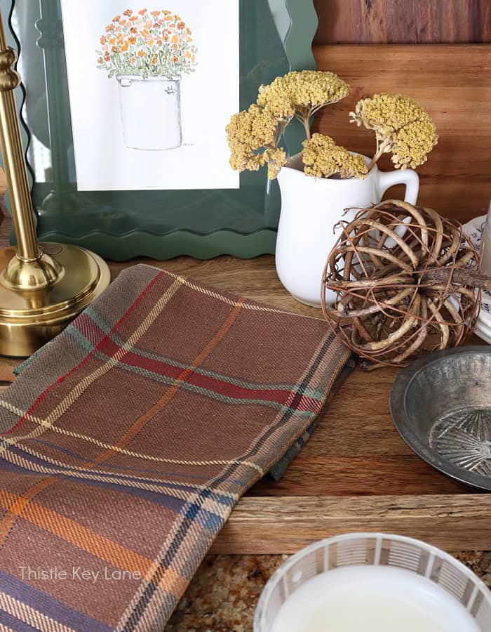 Plaid cloth napkin for fall color. Create A Fall Tray Vignette For The Kitchen.