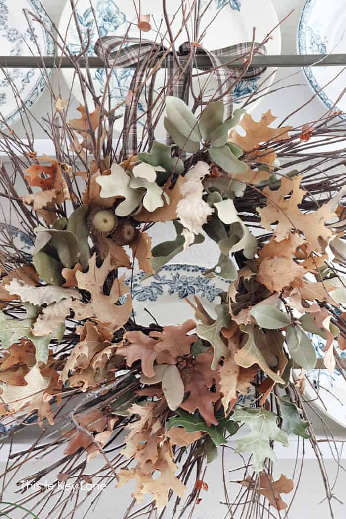 Wreath on a shelf. Foraged Leaf Wreath DIY.