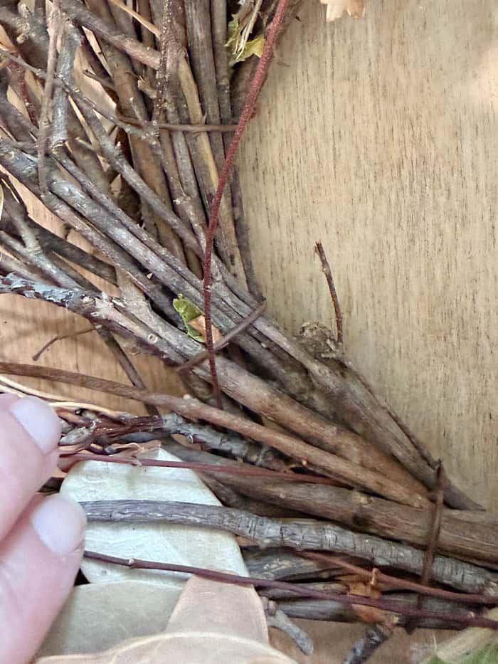 Twig wreath up close showing stems.