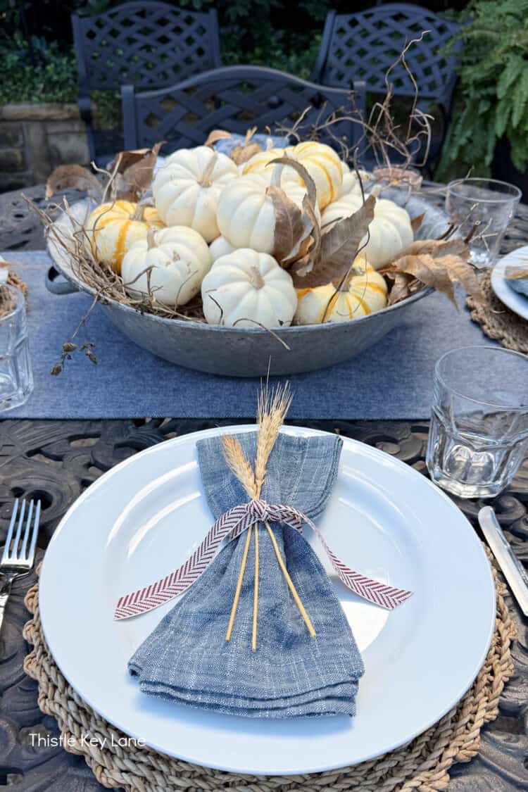 Pumpkin centerpiece and fall place setting. Charming Rustic Fall Al Fresco Tablescape Ideas.