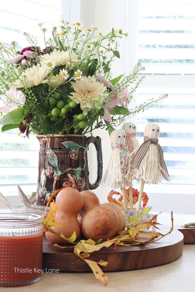 Fall to Halloween. Fall Floral Centerpiece With Vintage Pitcher.