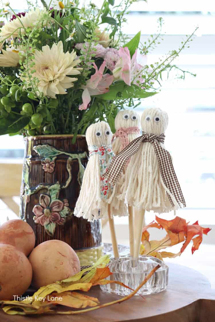 Yarn ghosts. Fall Floral Centerpiece With Vintage Pitcher.