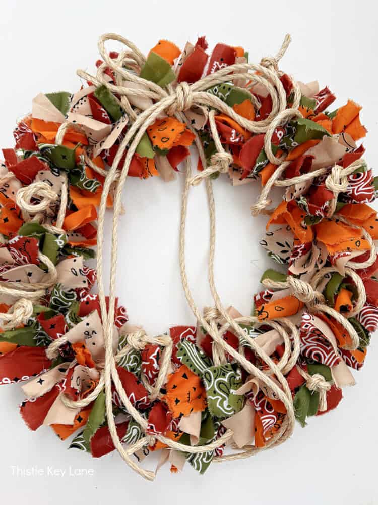 Finished bandana wreath with rope detail. Create A Fall Rope And Bandana Wreath.