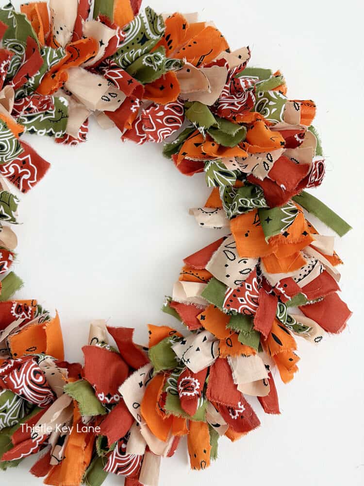 Bandanas in fall colors to make a wreath. Create A Fall Rope And Bandana Wreath.